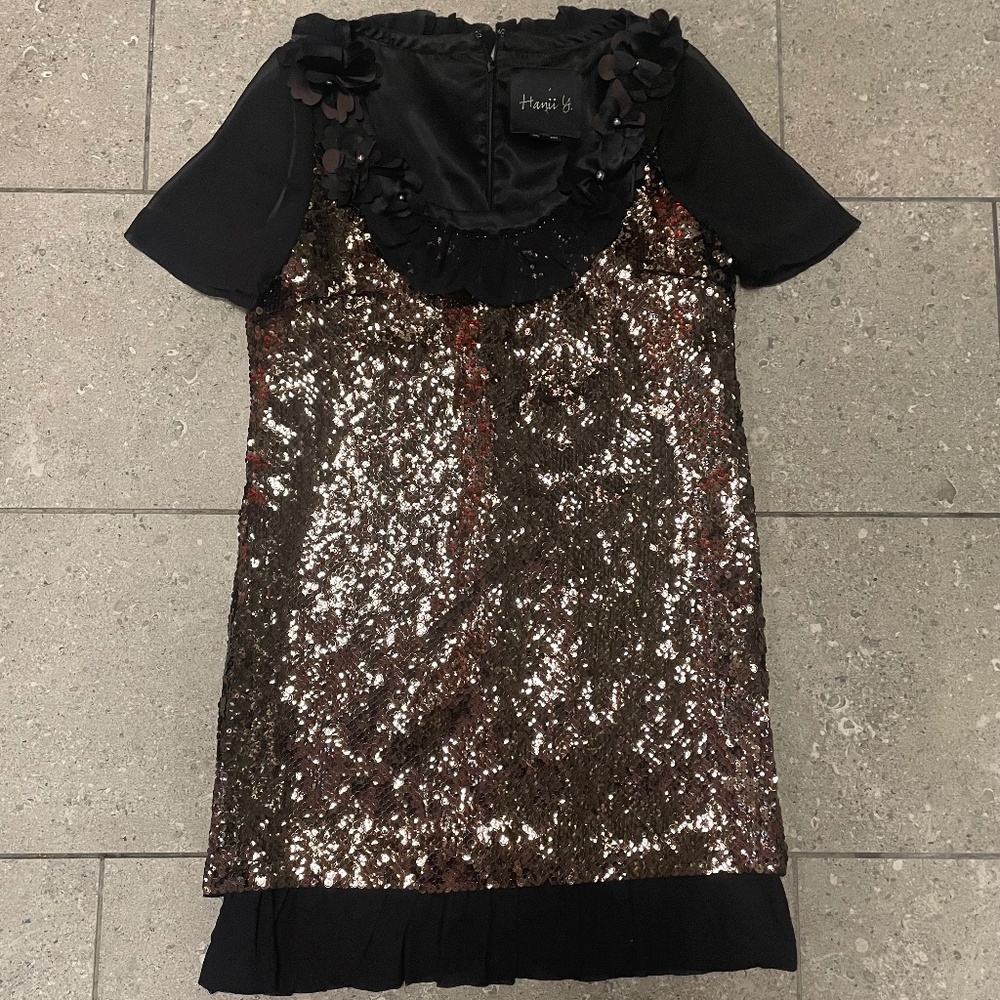 $690 Hanii Y Metallic Sequins Floral Dress Designer Couture Size S-M Women’s